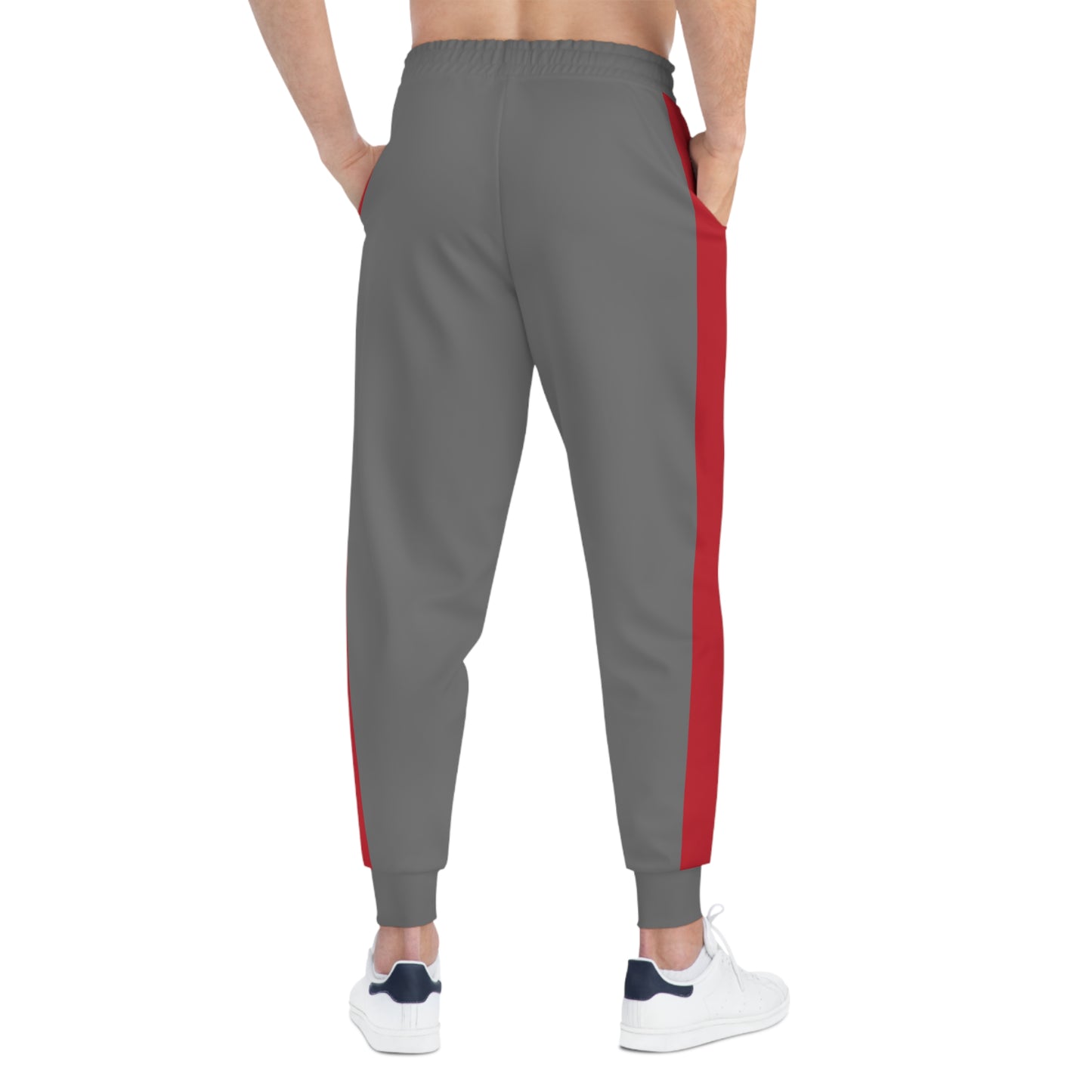 Grey Athletic Joggers with Red Side Stripes – Casual Sportswear Sweatpants
