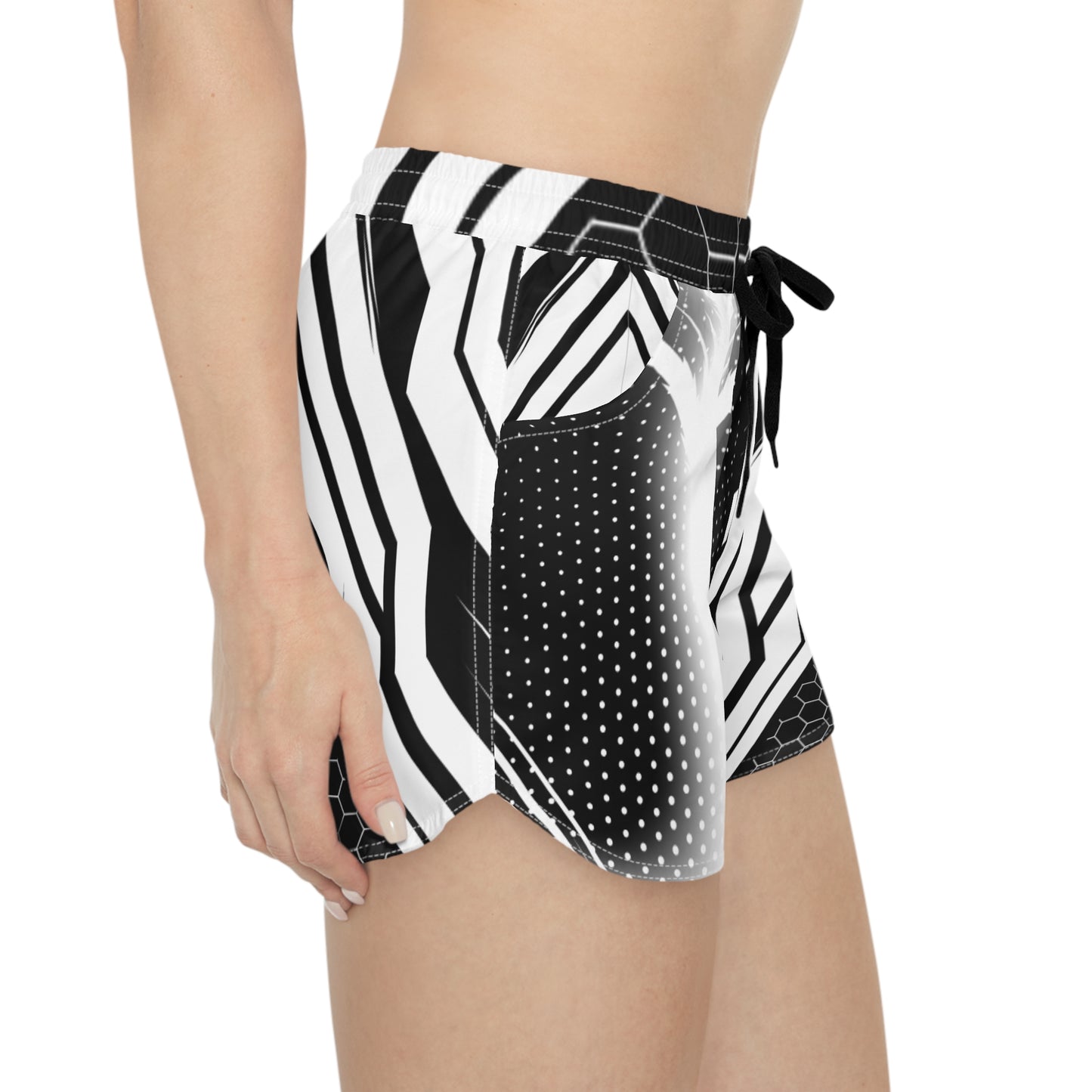 Black & White Geo Athletic Shorts — Women's Casual AOP Running Shorts