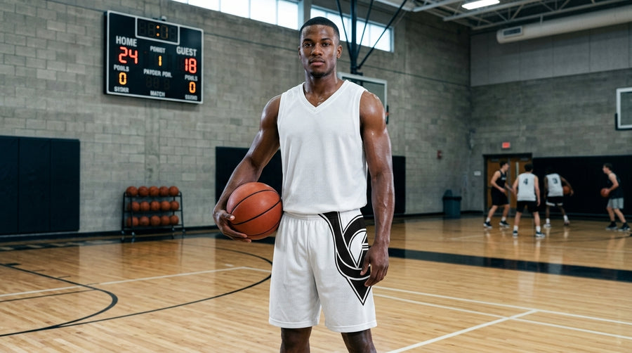 White Basketball Shorts with Bold Black Side Logo — Athletic Teamwear