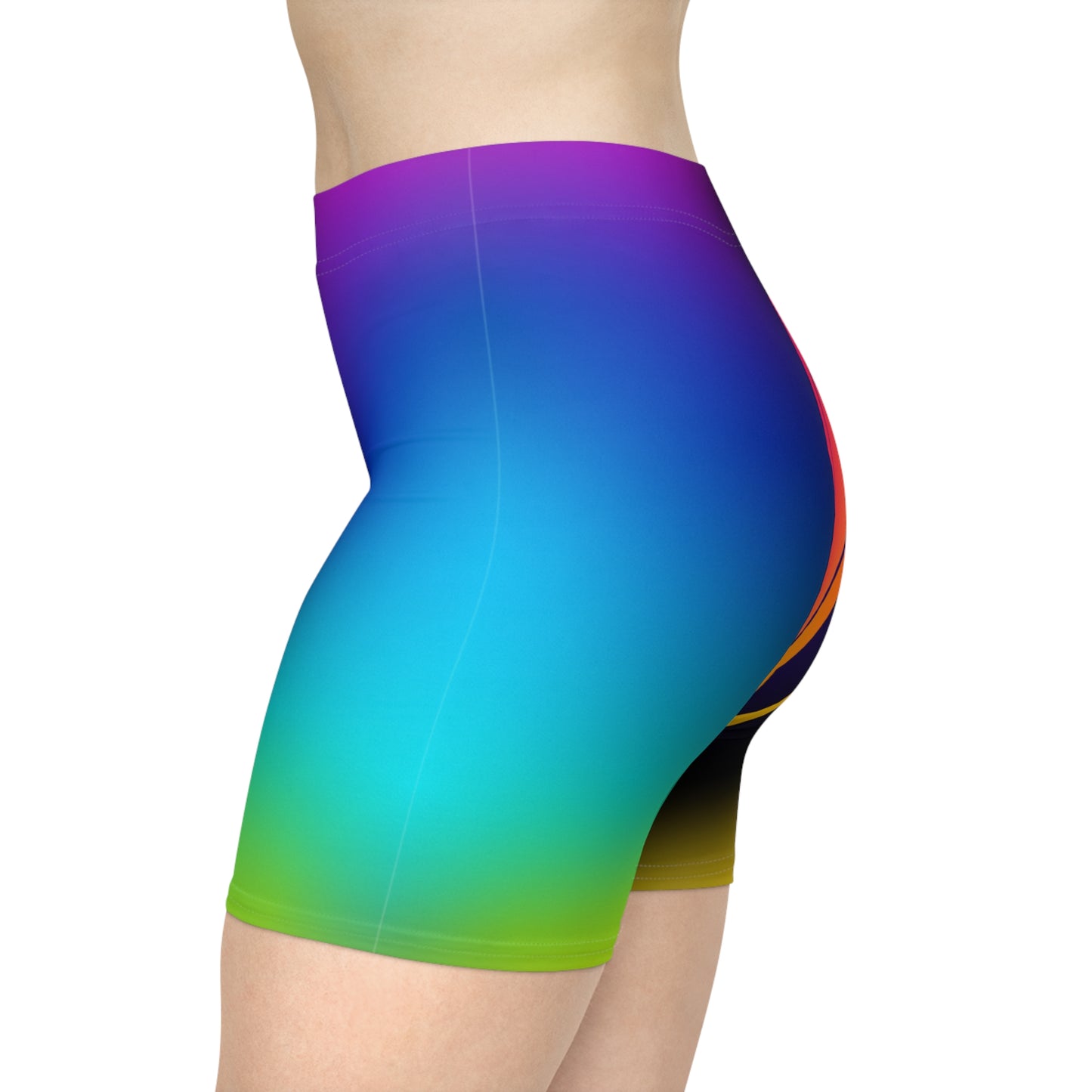 Women Tropic Prism Biker Shorts - Purple-to-Green Rainbow Gradient Activewear