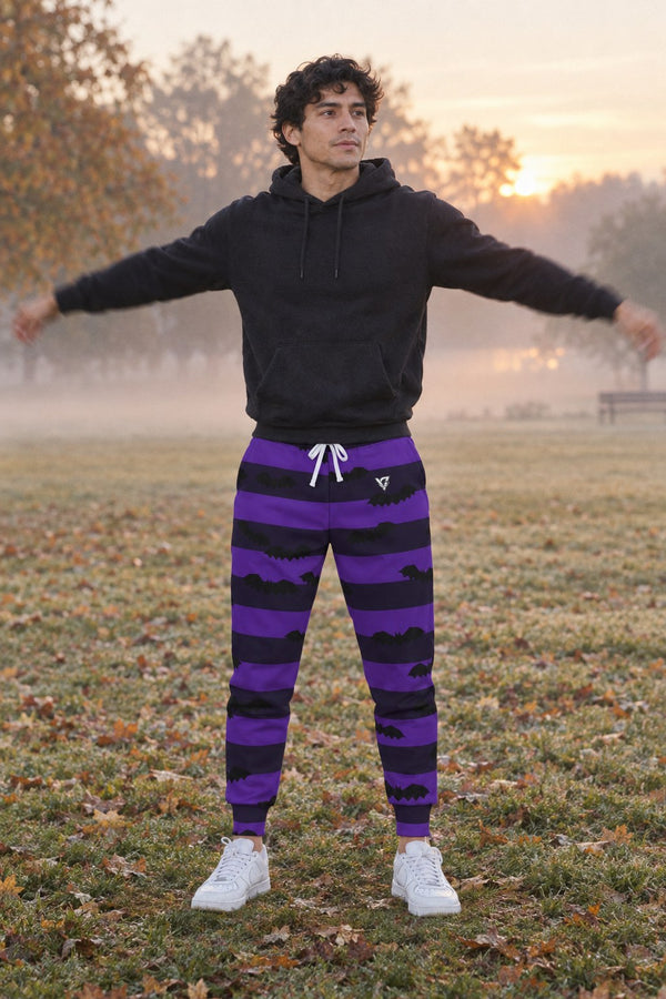 Halloween Witching Purple Bat Stripe Men's Joggers – All-Over Print Athletic Jogger Pants
