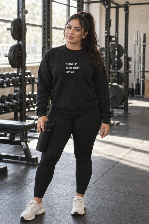 Motivational Raglan Sweatshirt — "Show Up. Work Hard. Repeat." Crewneck
