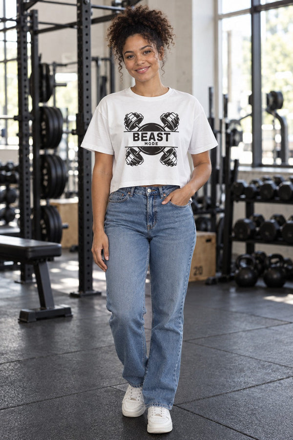 Beast Mode Crop Tee — Women's Fitness Gym Top with Dumbbell Design