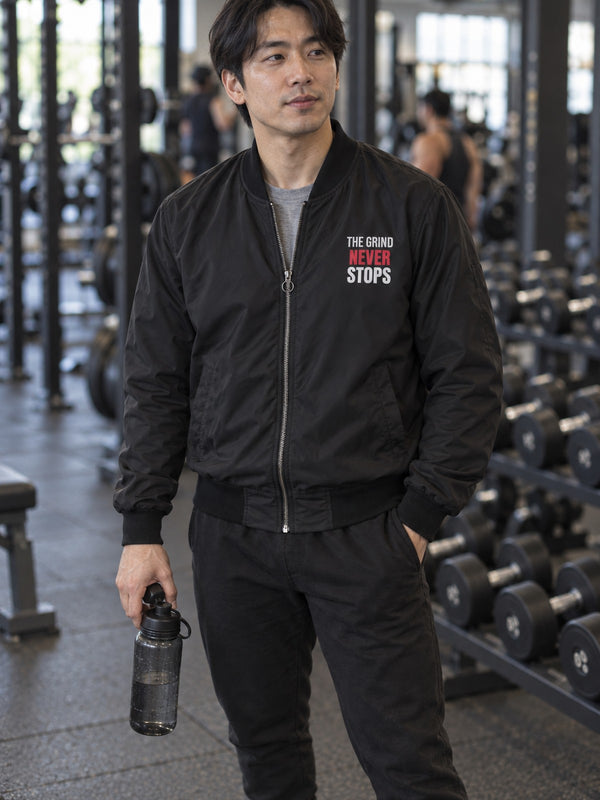 Men's The Grind Never Stops Bomber Jacket – Black Motivational Gym Jacket