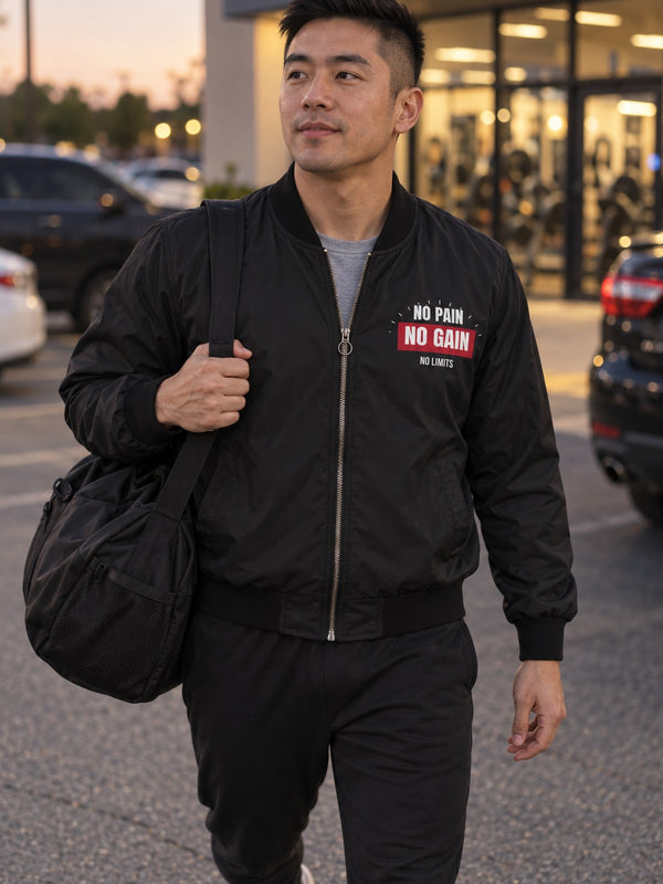Men's No Pain No Gain Bomber Jacket – Black Motivational Gym Jacket