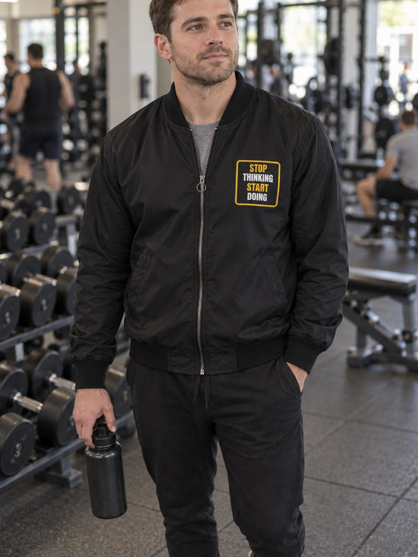 Men's Stop Thinking Start Doing Bomber Jacket – Black Motivational Gym Jacket