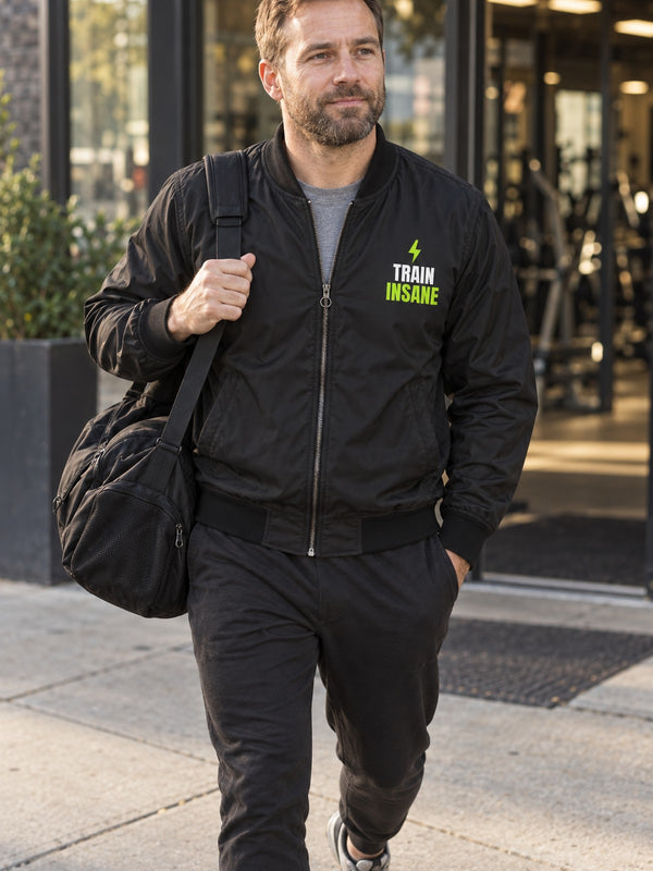 Men's Train Insane Bomber Jacket – Black Motivational Gym Jacket