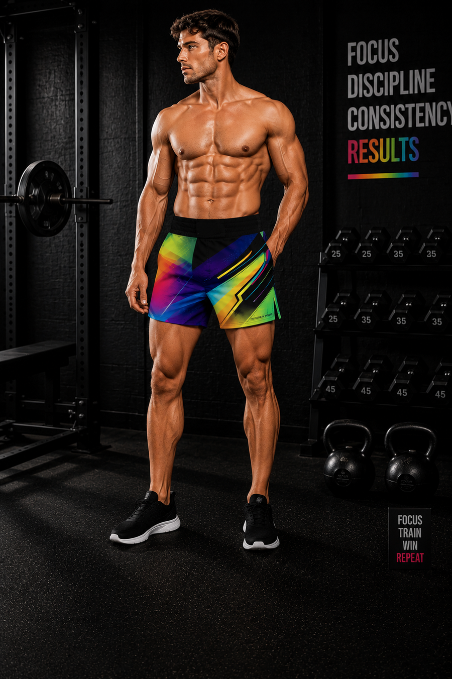 Men's Neon Abstract Vibrant Geometric Jogger Athletic Shorts – No Pockets