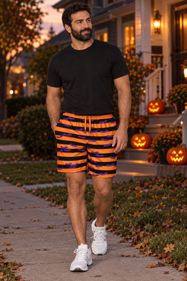 Men's Halloween Midnight Pumpkin Bat Stripe Athletic Multipurpose Shorts