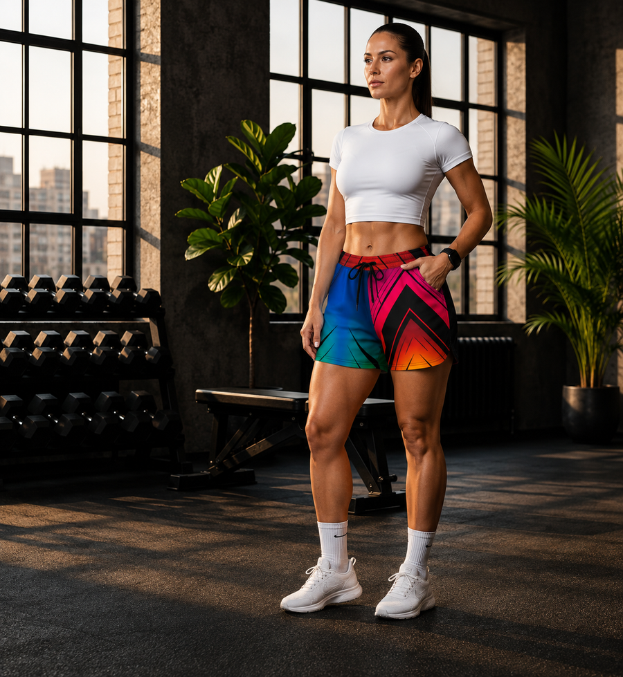 Women's Multipurpose Athletic Shorts with Pockets | Rainbow Geometric
