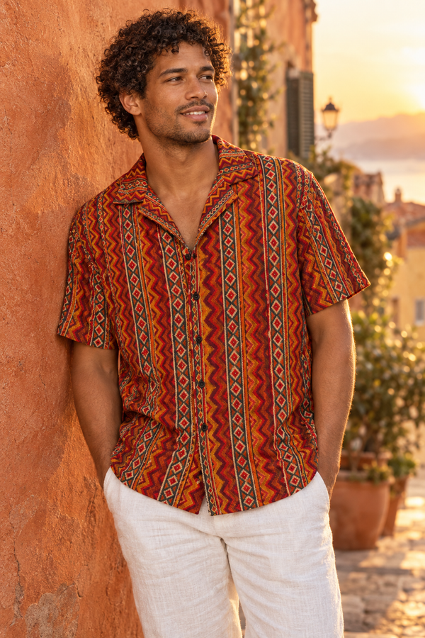 Solar Crochet Stripe Button-Up Shirt