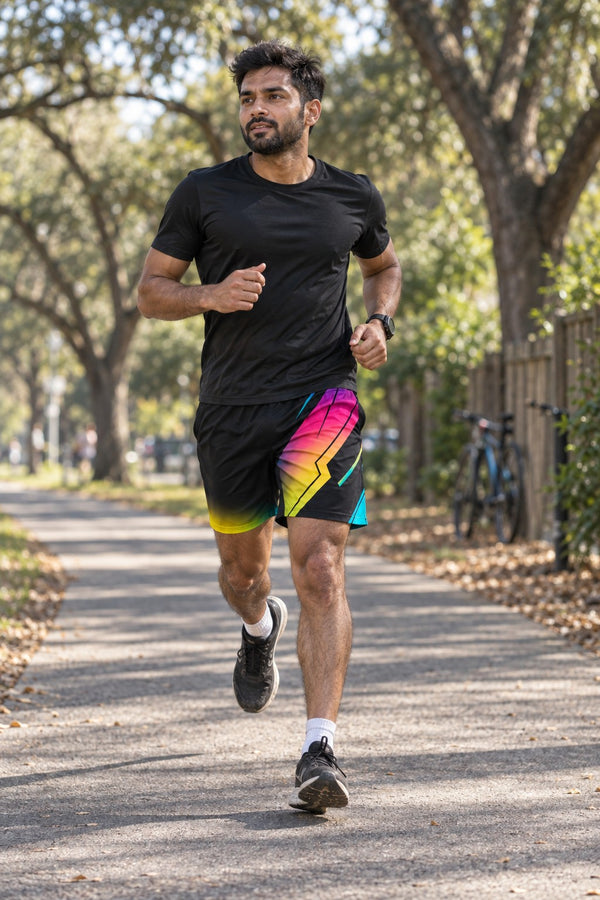 Men's Neon Gradient Black Geometric Jogger Athletic Shorts with Pockets