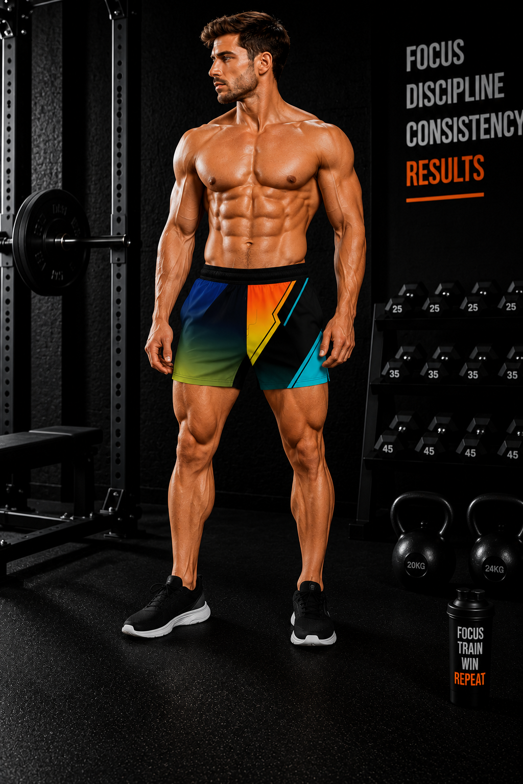 Men's Athletic Board Shorts Retro Gradient Lightning Graphic — No Pockets