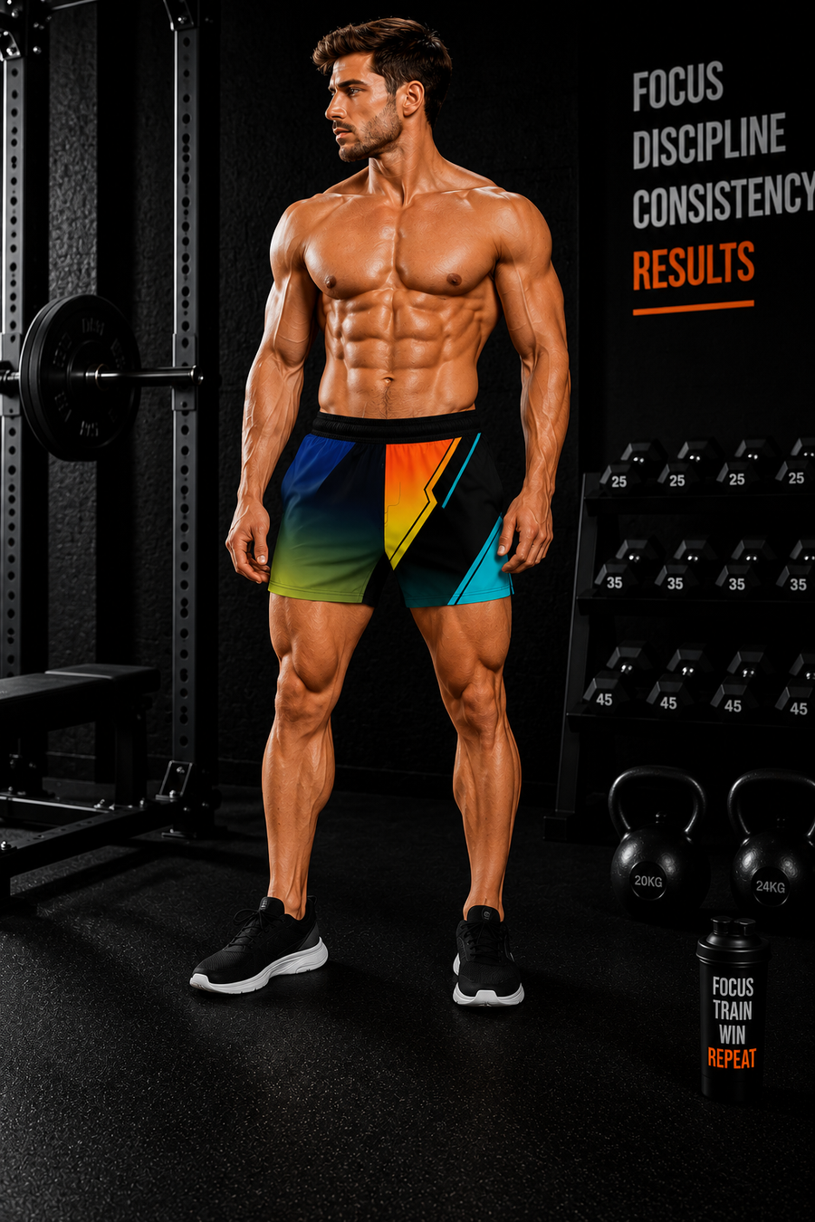 Men's Athletic Board Shorts Retro Gradient Lightning Graphic — No Pockets