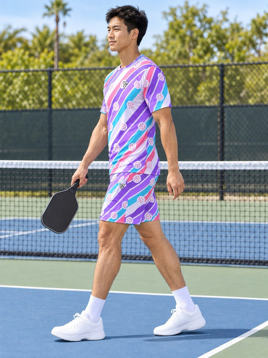 Pickleball Lilac Wave Stripe Surge Men's Athletic Shorts with Pockets - side view