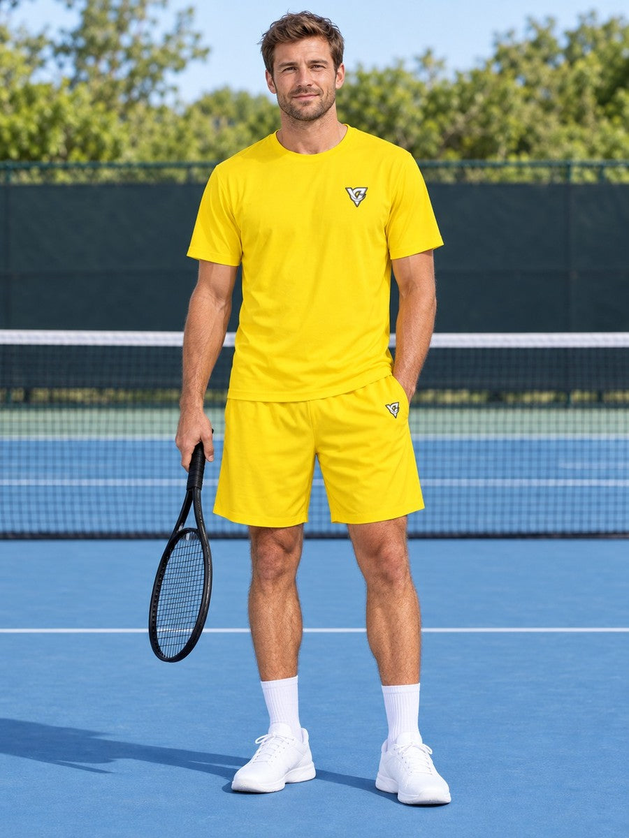Vantacore Solid Sunshine Yellow Men's Athletic Shorts with Pockets - front view
