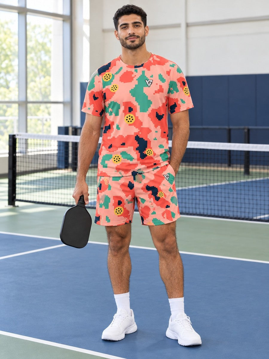 Pickleball Coral Reef Pixel Camo Men's Athletic Shorts with Pockets - front view