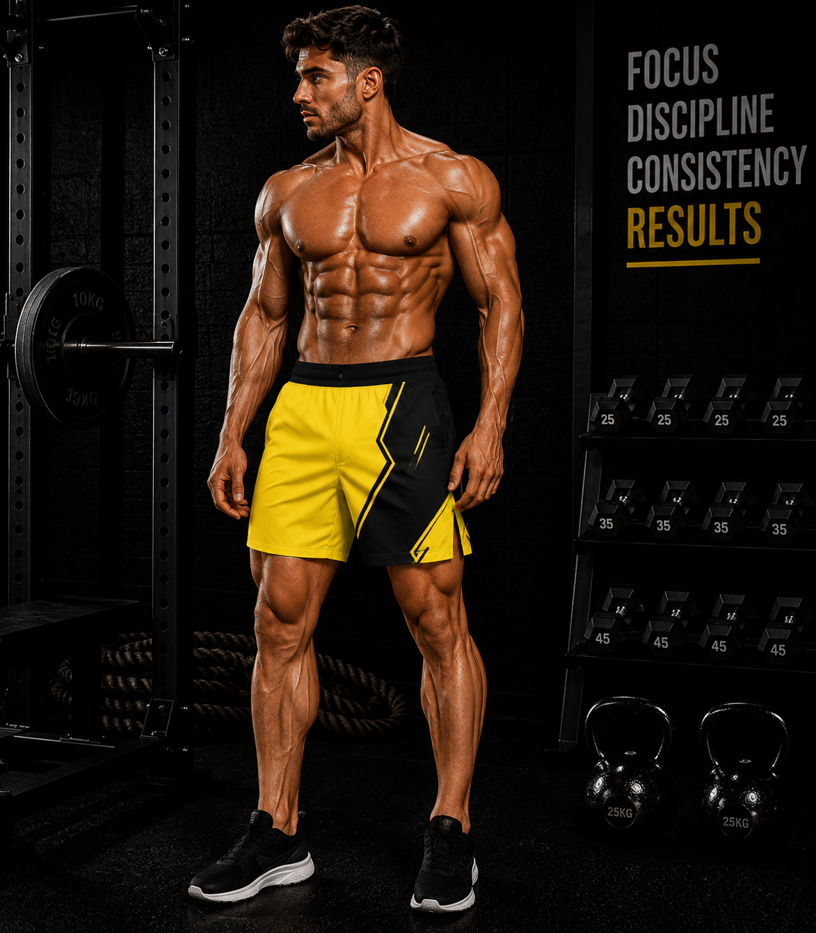 Men's Yellow Black Athletic Jogger Shorts Bold Geometric Sportwear - No Pockets