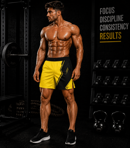 Men's Yellow Black Athletic Jogger Shorts Bold Geometric Sportwear - No Pockets