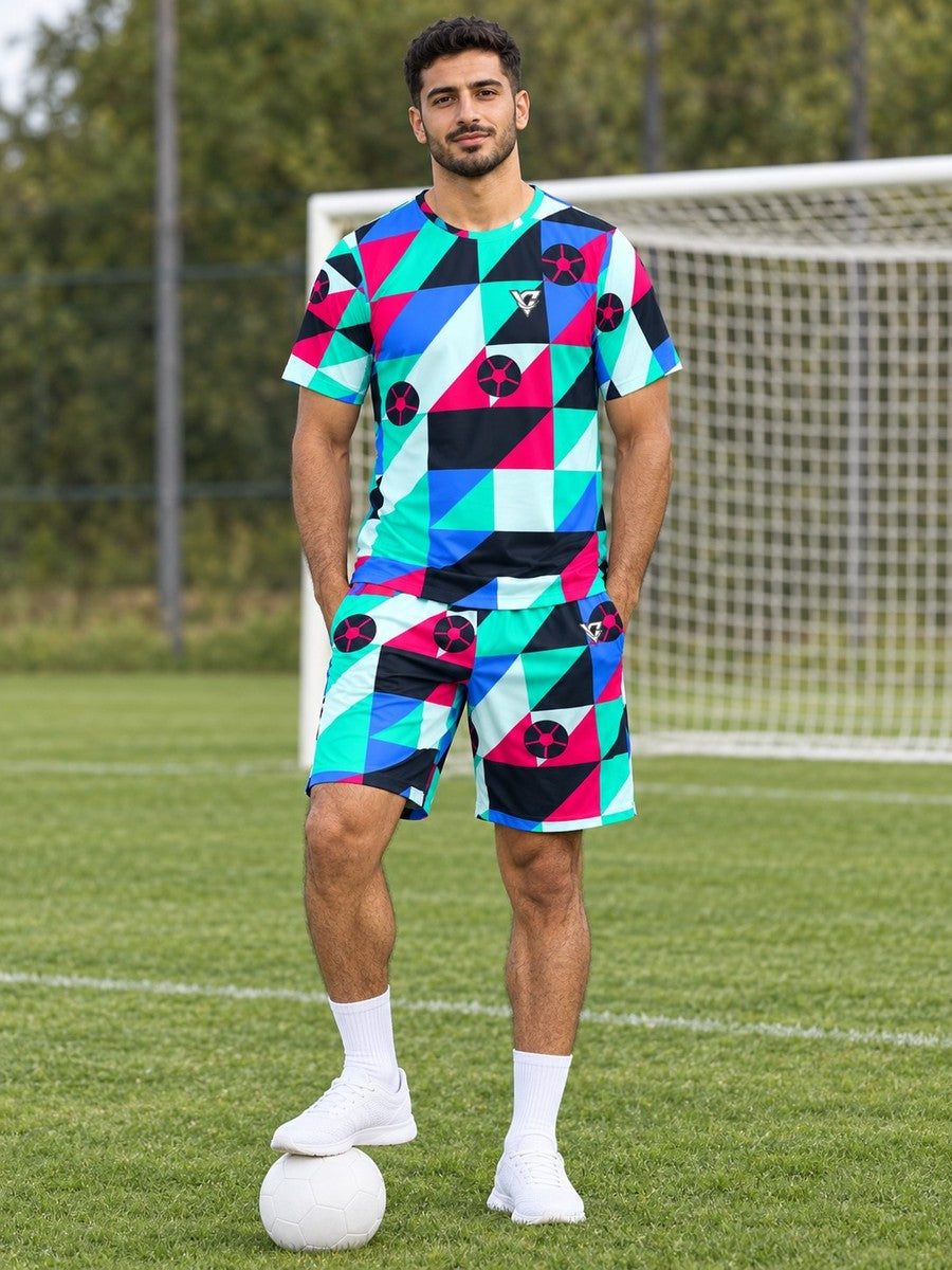 Soccer Arctic Neon Prism Block Men's Athletic Shorts with Pockets - front view