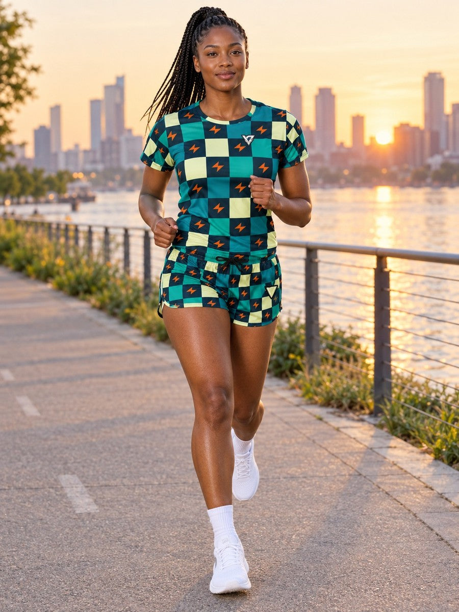 Running Peacock Checker Drive Women's Athletic Shorts with Pockets - front view