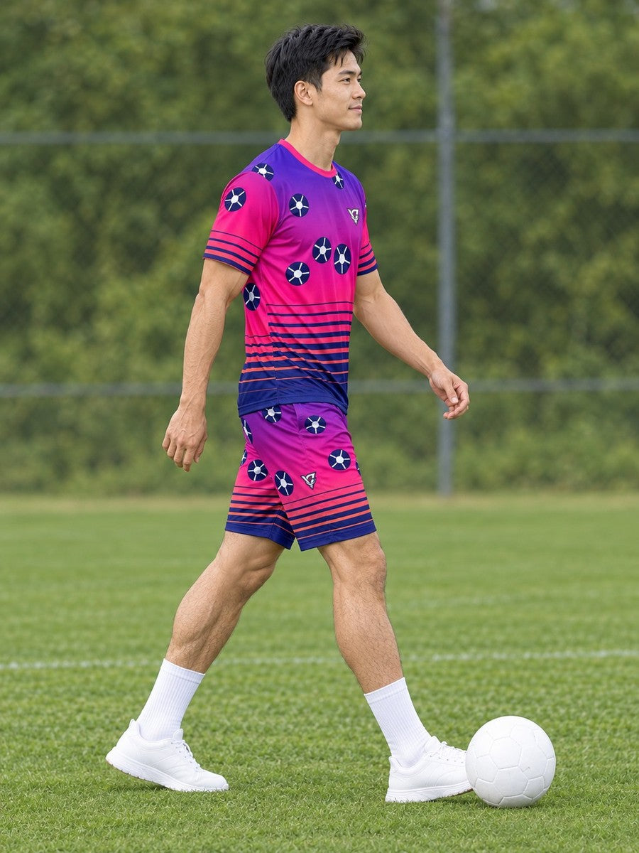 Soccer Royal Flame Horizon Fade Men's Athletic Shorts with Pockets - side view