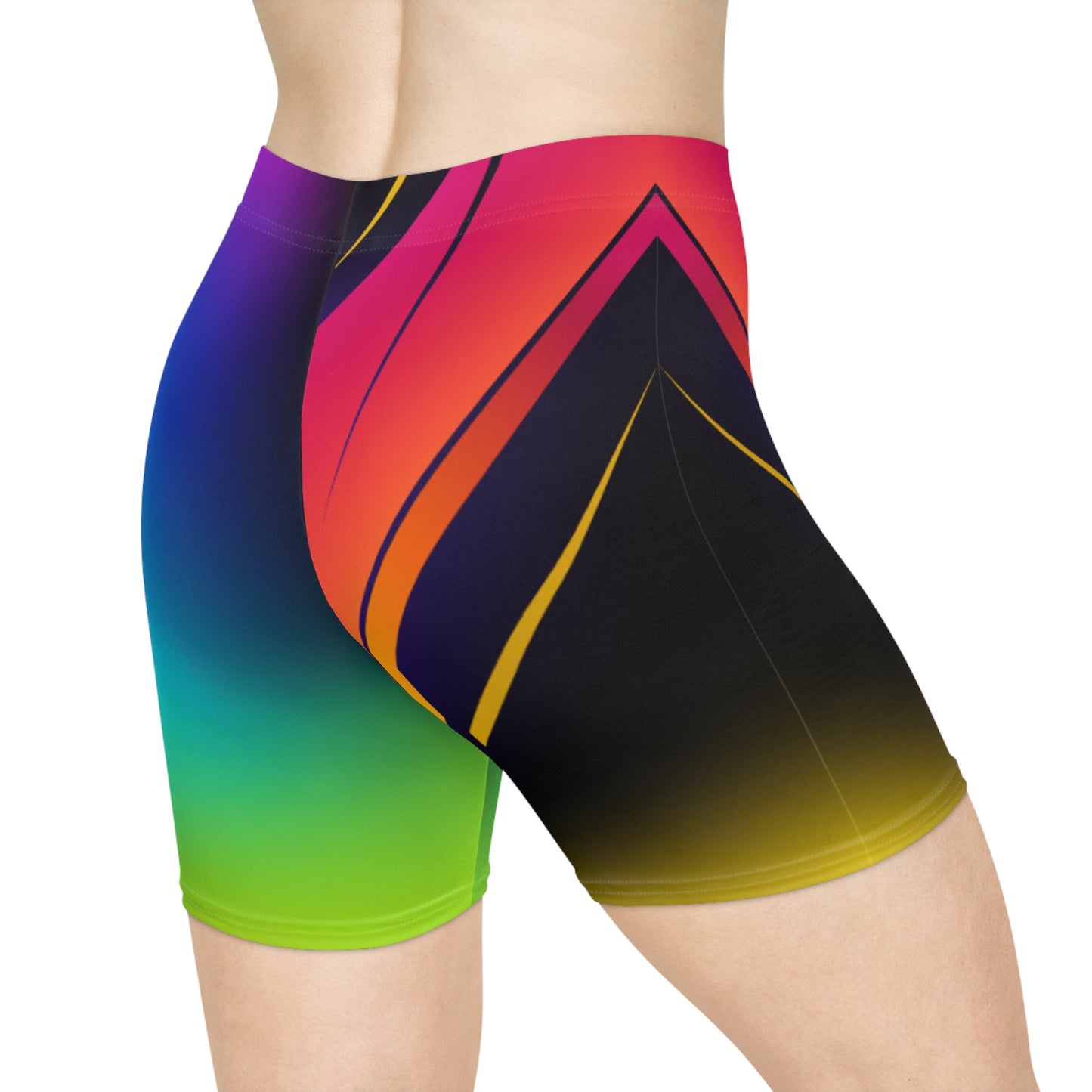 Women Tropic Prism Biker Shorts - Purple-to-Green Rainbow Gradient Activewear