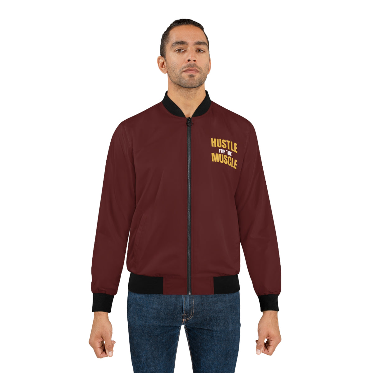 Men's Hustle for the Muscle Bomber Jacket – Maroon Motivational Gym Jacket