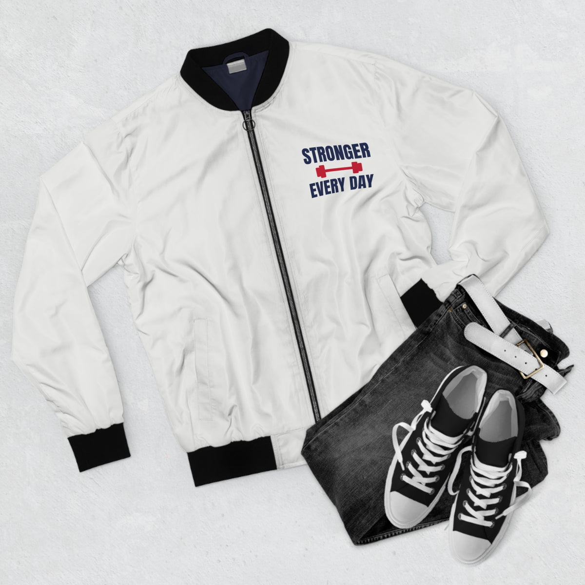 Men's Stronger Every Day Bomber Jacket – White Motivational Gym Jacket