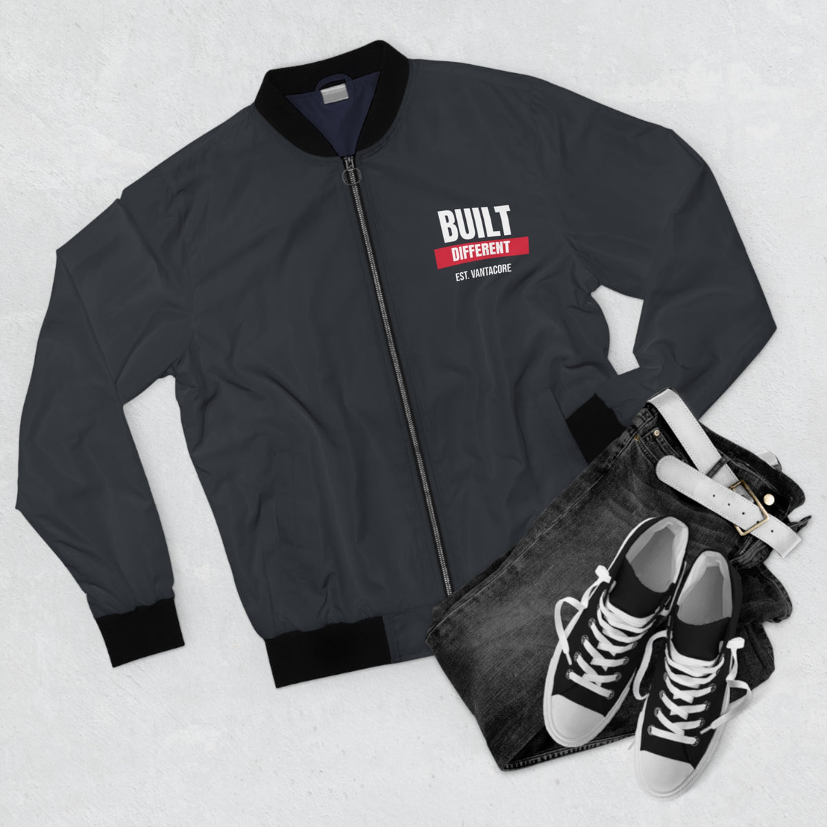Men's Built Different Bomber Jacket – Charcoal Motivational Gym Jacket