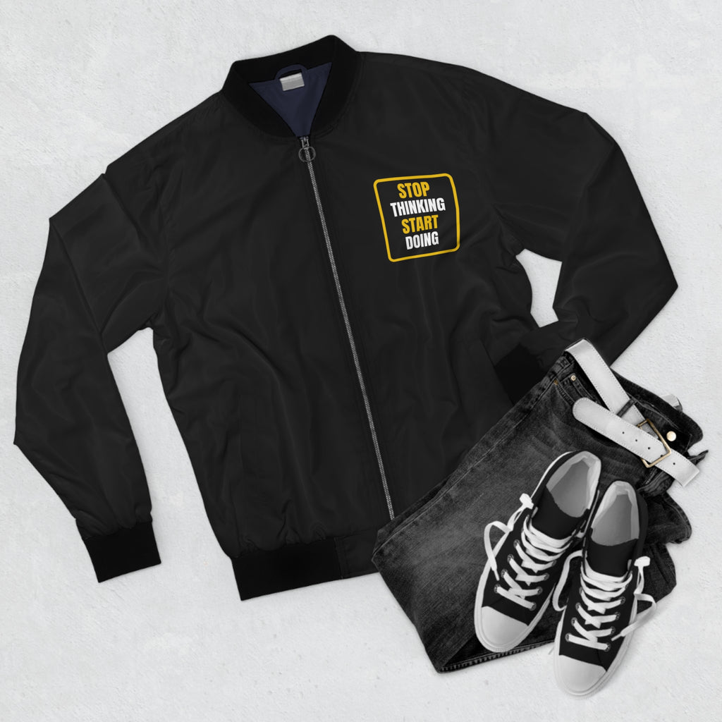 Men's Stop Thinking Start Doing Bomber Jacket – Black Motivational Gym Jacket
