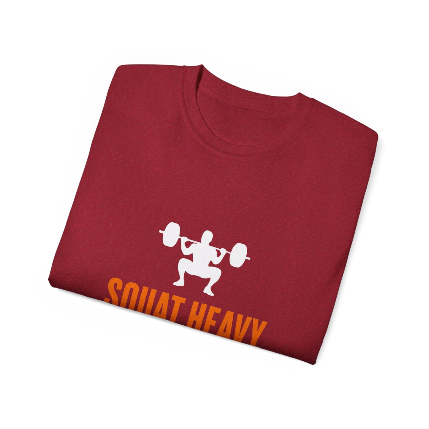 Squat Heavy Tee — Bold Orange Gym Shirt for Weightlifters & CrossFit