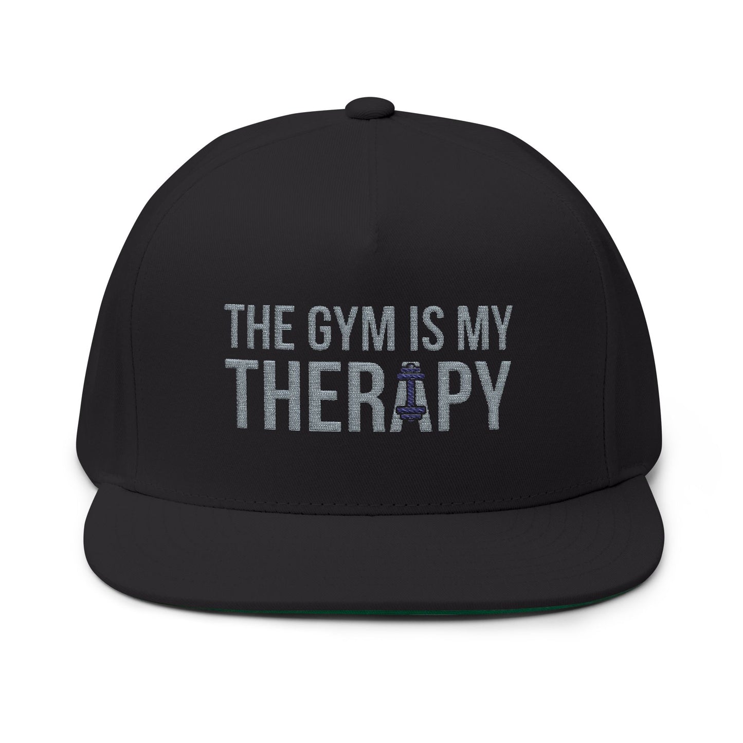 Flat Bill Cap — "The Gym Is My Therapy" Embroidered Fitness Hat