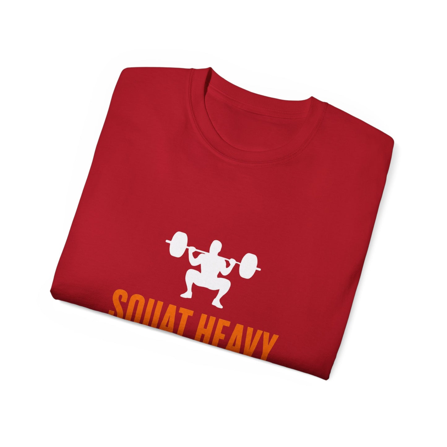 Squat Heavy Tee — Bold Orange Gym Shirt for Weightlifters & CrossFit