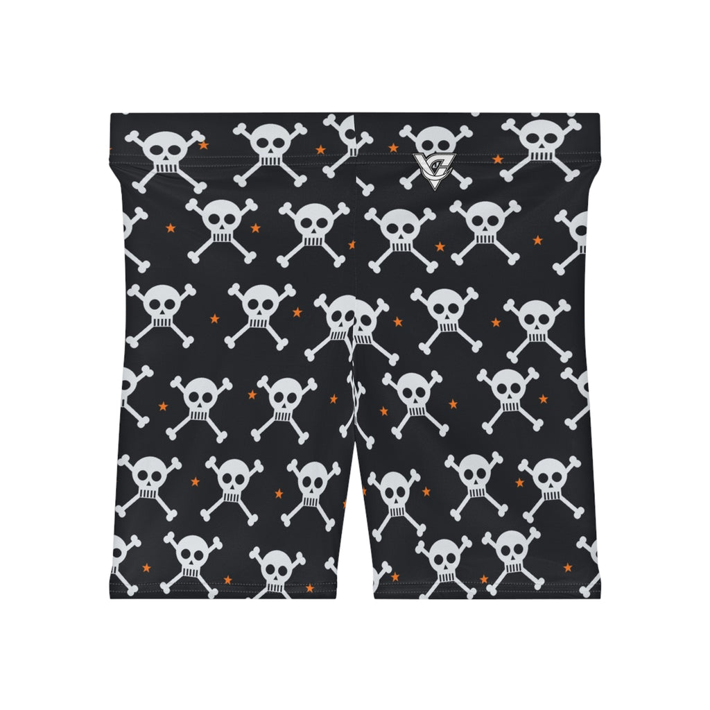 Halloween Graveyard Grey Skull & Crossbones Women's Biker Shorts — High-Waist Workout Shorts