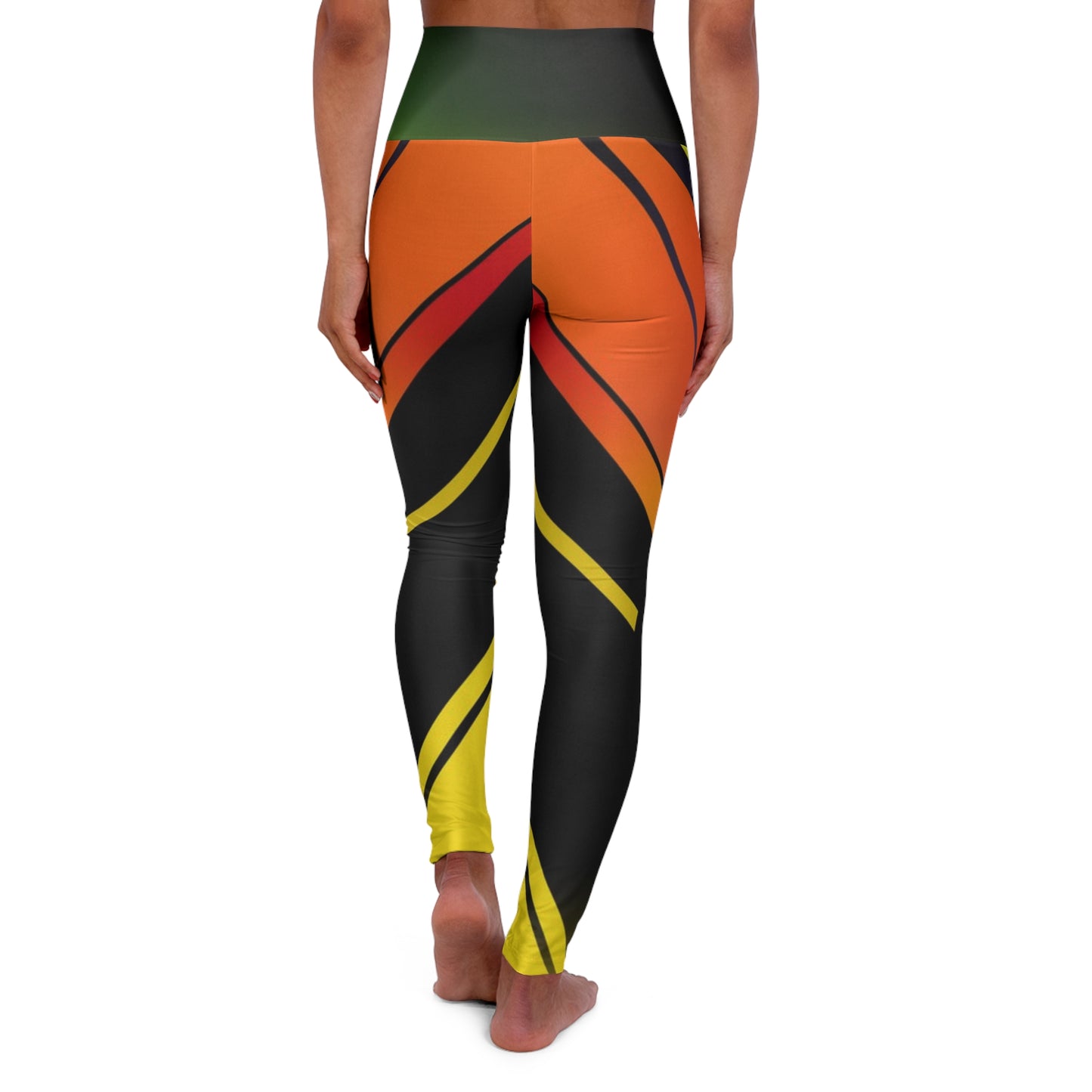 High-Waisted Abstract Flame Yoga Leggings - Vibrant Orange & Black AOP
