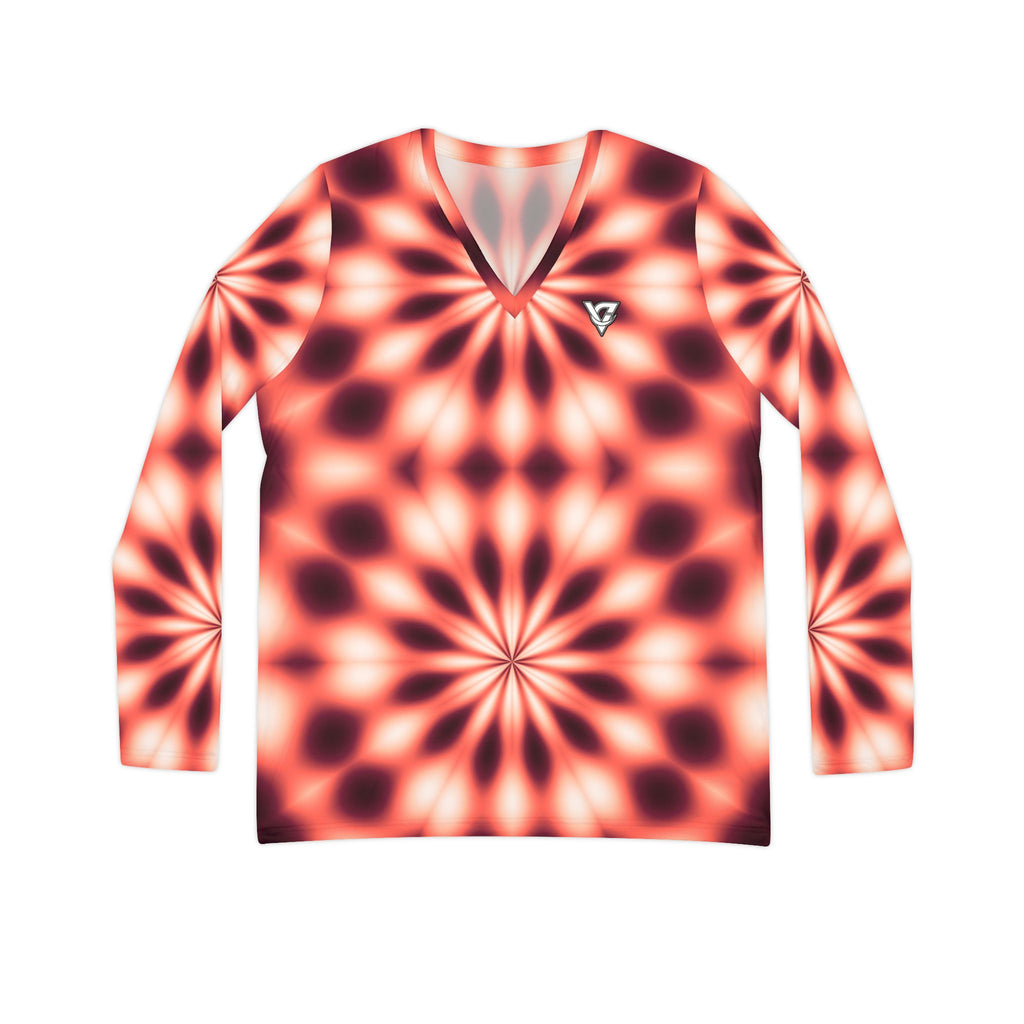 Coral Kaleidoscope Women's Long Sleeve V-Neck Athletic Top