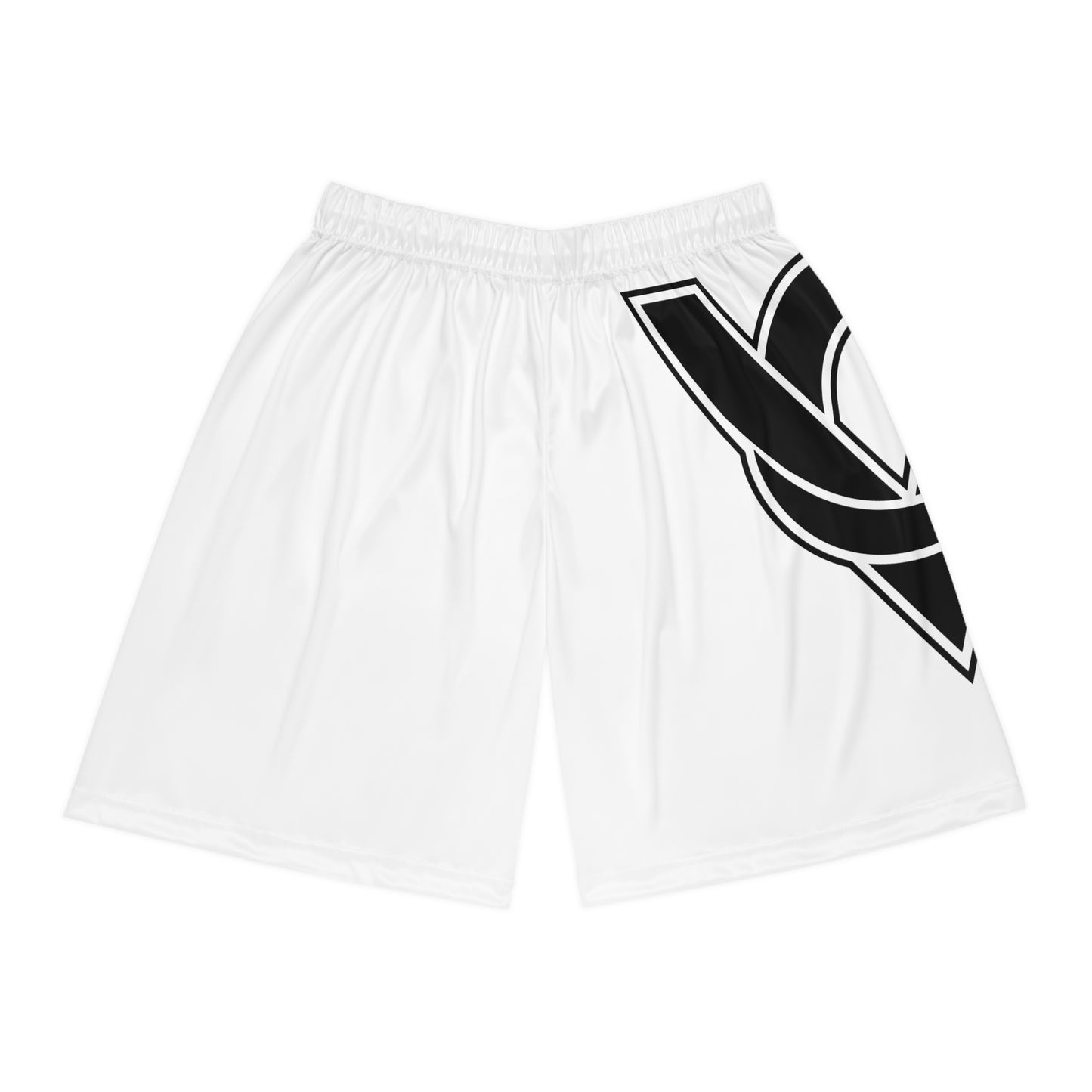 White Basketball Shorts with Bold Black Side Logo — Athletic Teamwear