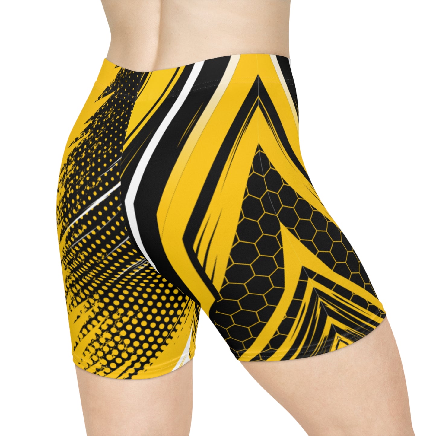 Honeycomb Strike Biker Shorts - Yellow & Black Geometric Activewear