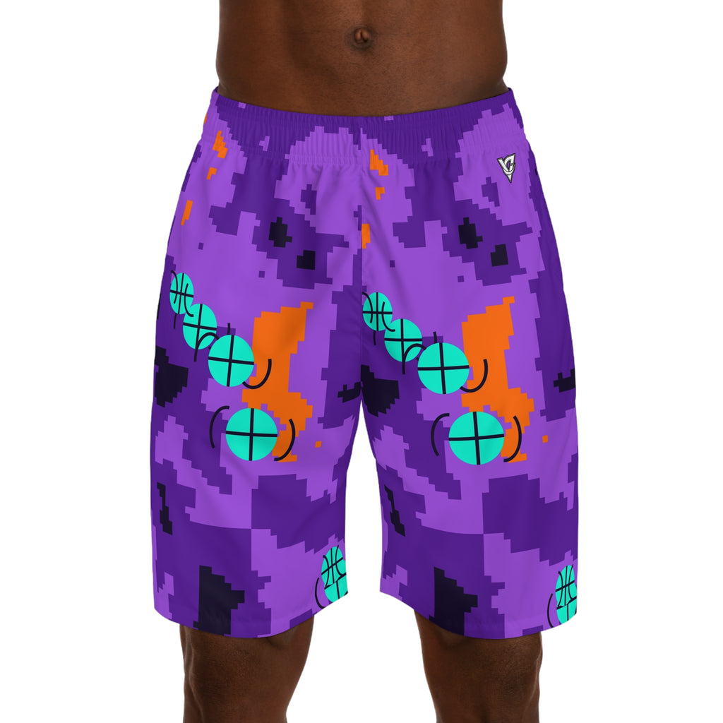 Basketball Galaxy Glow Pixel Camo Men's Athletic Shorts with Pockets