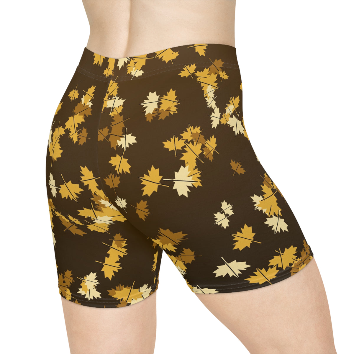 Harvest Gold Falling Leaves Women's Biker Shorts — High-Waist Workout Shorts