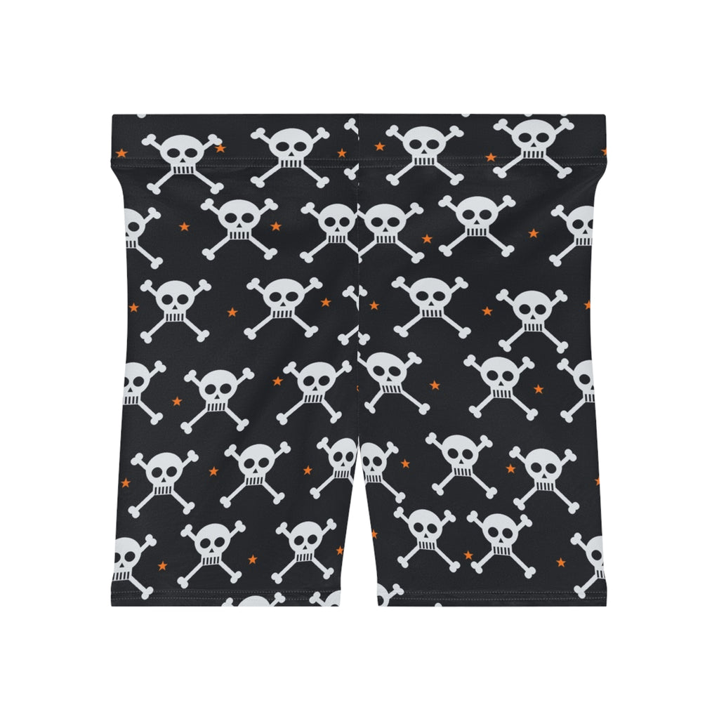 Halloween Graveyard Grey Skull & Crossbones Women's Biker Shorts — High-Waist Workout Shorts