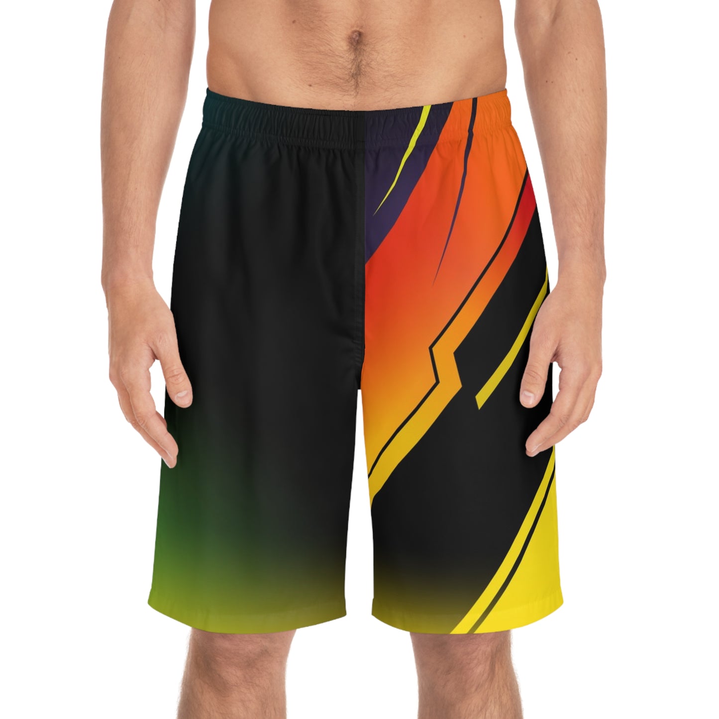 Men's Board Shorts – Bold Gradient Surf Trunks with Orange & Yellow Chevron Accent