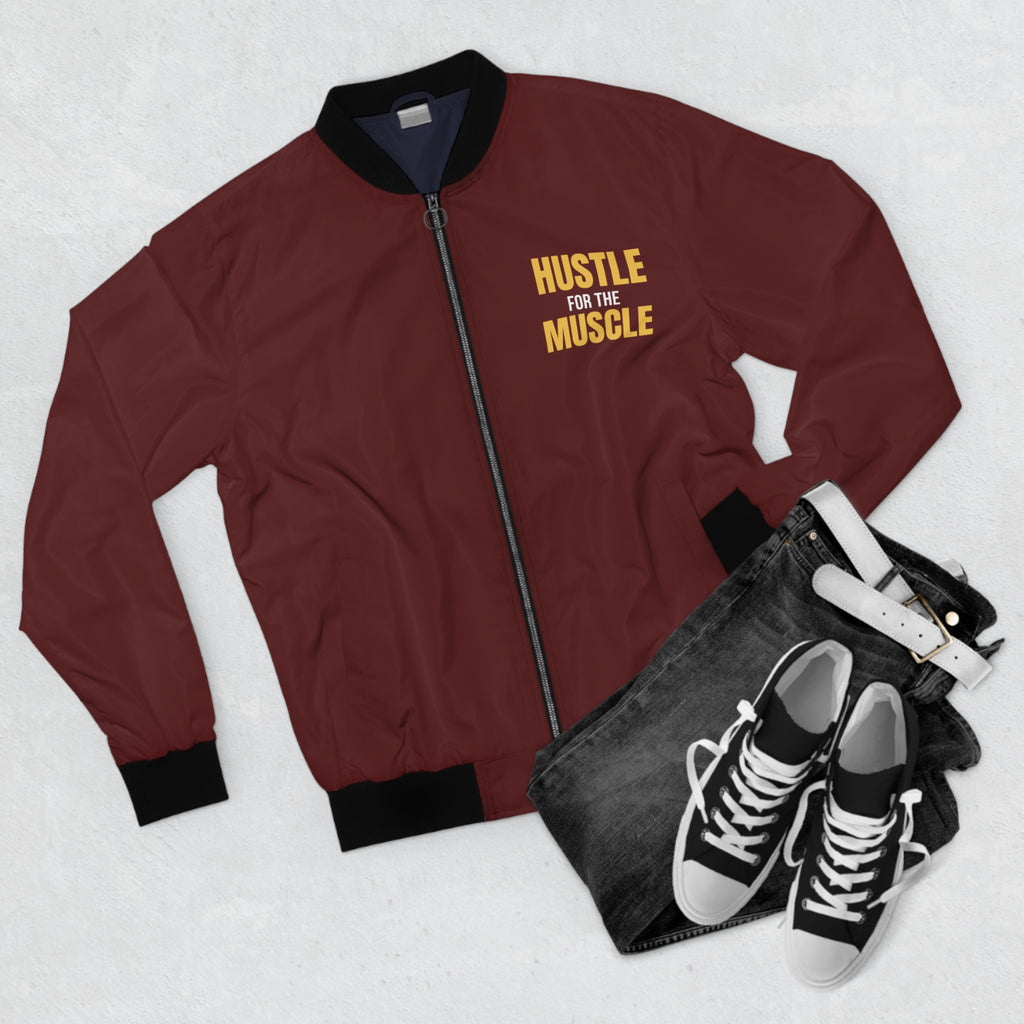 Men's Hustle for the Muscle Bomber Jacket – Maroon Motivational Gym Jacket