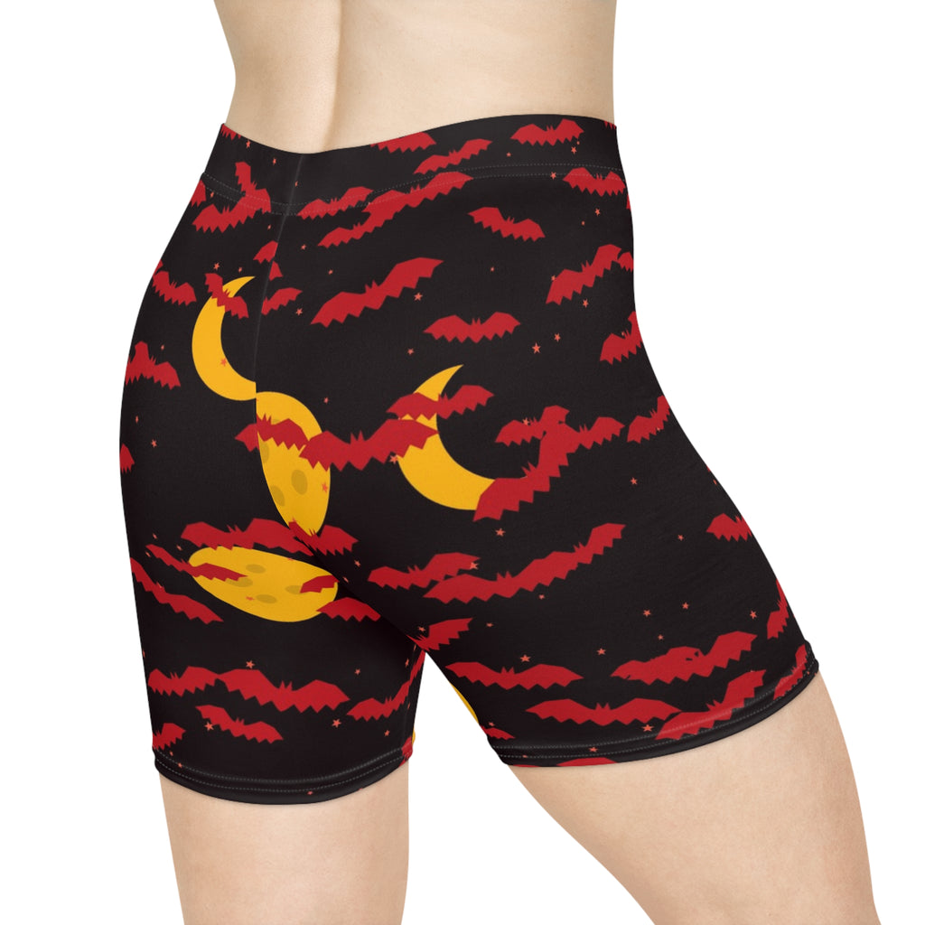 Halloween Blood Moon Bat Swarm Women's Biker Shorts — High-Waist Workout Shorts