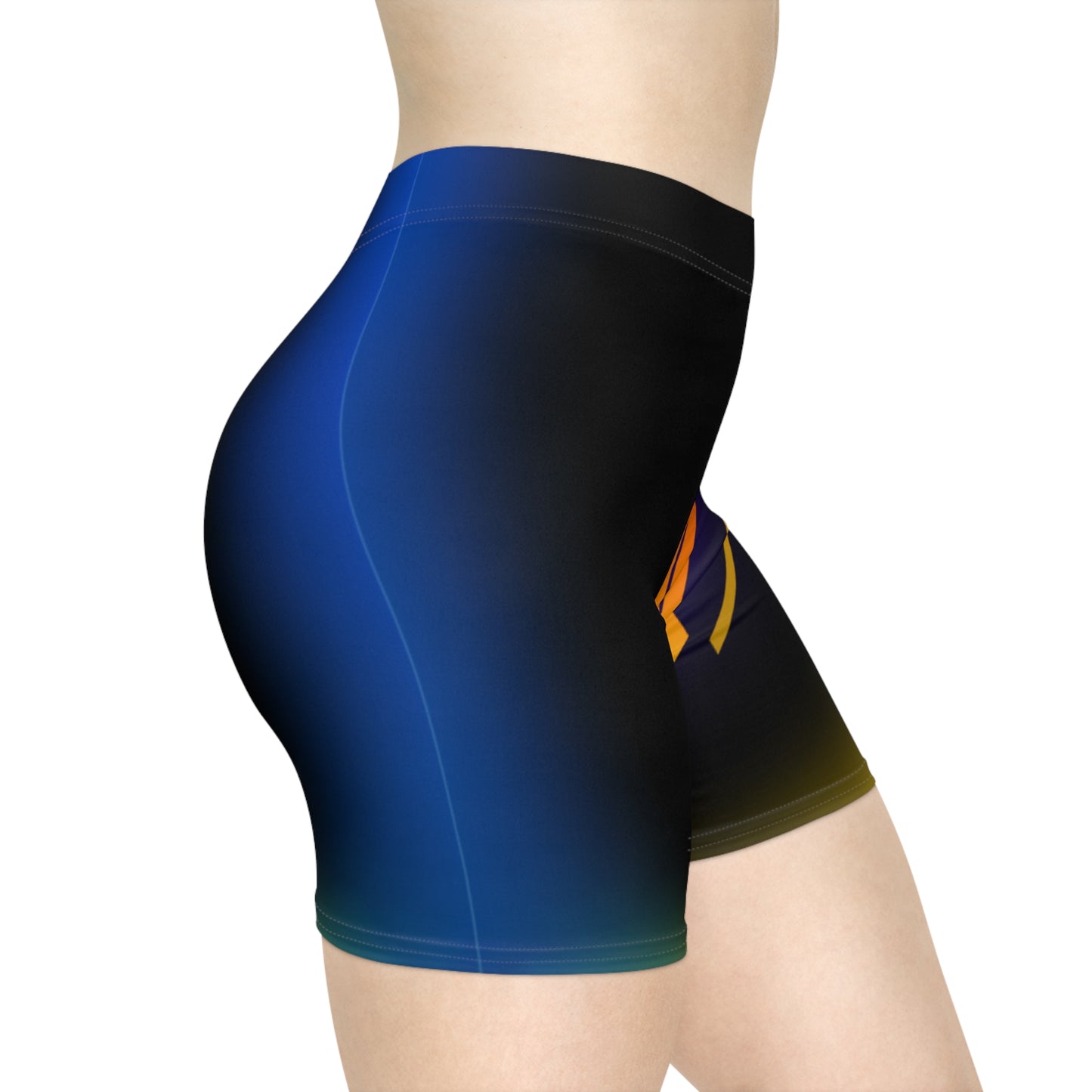 Electric Sunset Biker Shorts | Blue-to-Orange Gradient Geometric Activewear