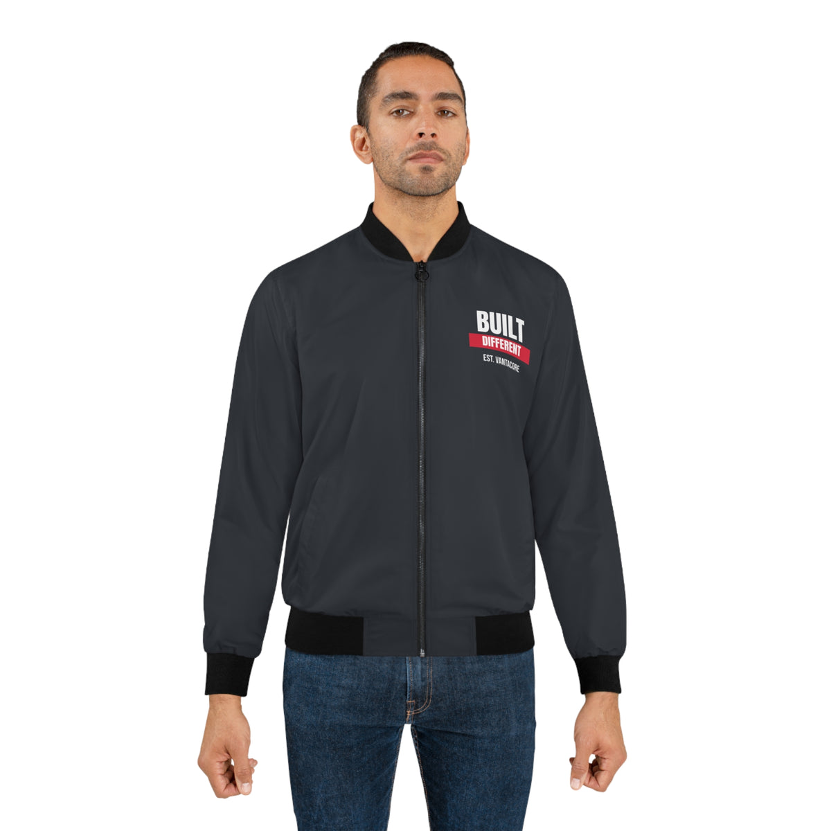 Men's Built Different Bomber Jacket – Charcoal Motivational Gym Jacket