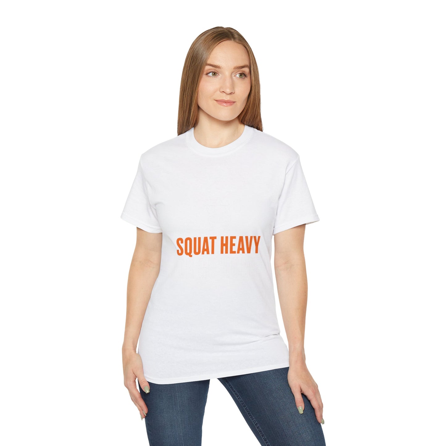 Squat Heavy Tee — Bold Orange Gym Shirt for Weightlifters & CrossFit