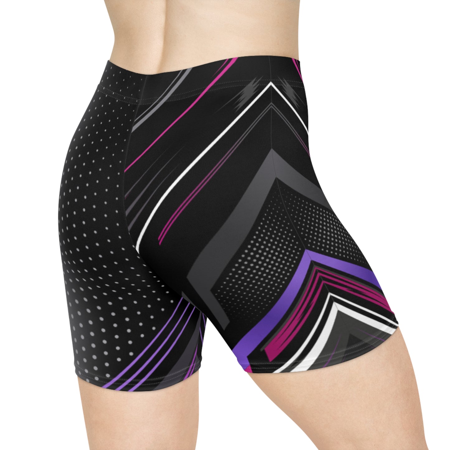 Women Shadow Prism Biker Shorts | Black, Purple & Pink Geometric Activewear