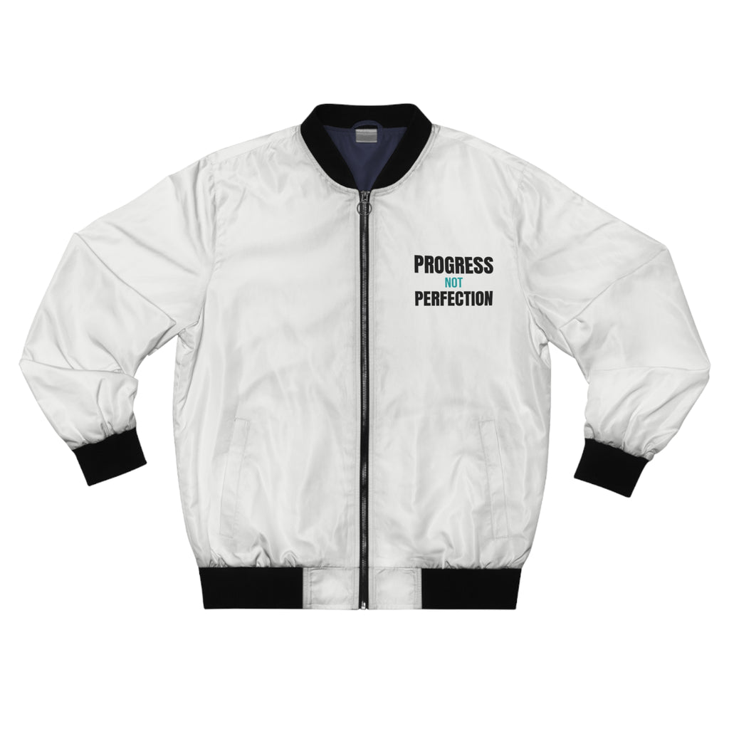 Men's Progress Not Perfection Bomber Jacket – White Motivational Gym Jacket